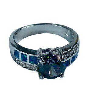 Silver Color Fashion Ring Size 8 Womens Mystic Topaz Color Stone Rhinestones